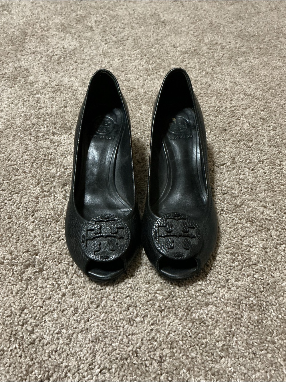 Tory Burch Black Peep-Toe Leather Pumps with Logo Medallion